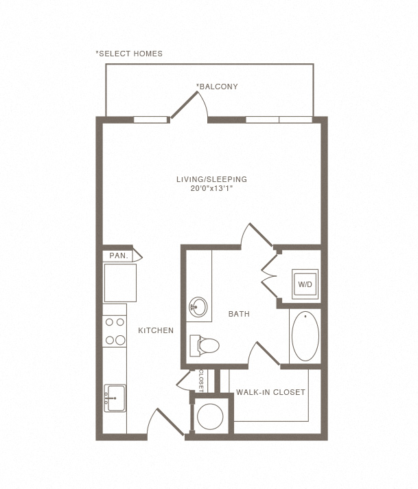 Floor plan for studio, 1 bath, 590 sqft